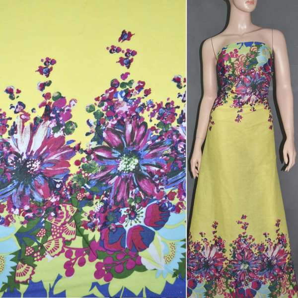 Батист жовтий, двосторонній купон малинові сині квіти ш.140