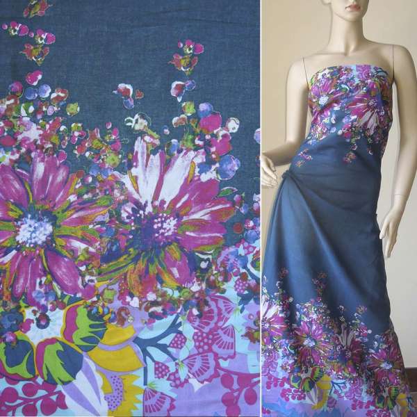 Батист синий, двухсторонний купон большие малиновые голубые цветыш.140