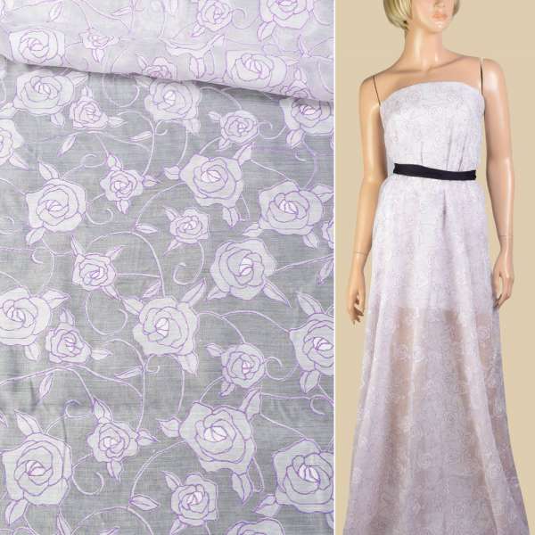 Батист с органзой белый с фиолетовыми розами ш.145