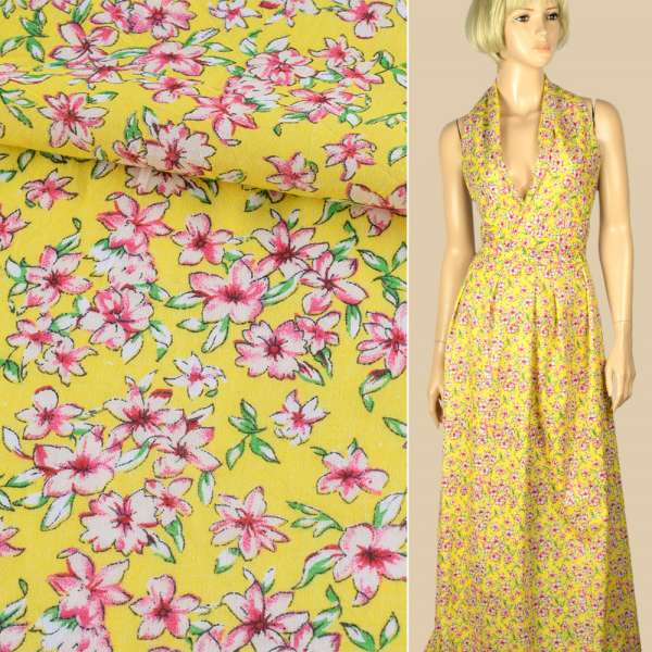 Батист жовтий в біло-рожеві квіти, ш.140