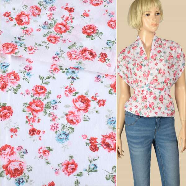 Батист белый в красные, голубые розы, ш.140