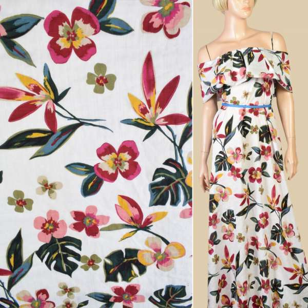 Батист белый в крупные розово-желтые цветы, зеленые листья, ш.145