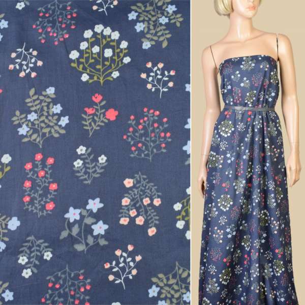 Батист синий в голубые, красные, бежевые цветущие ветки, ш.145