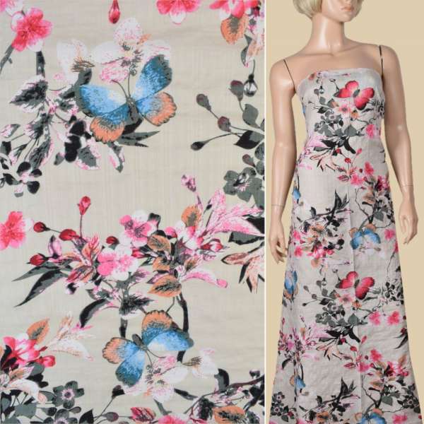 Батист* серо-бежевый в розовые цветочные ветки, ш.145