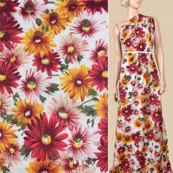 Батист білий в червоні, жовті, бежеві квіти, ш.145