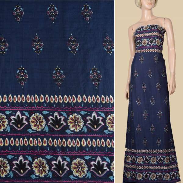 Батист синій, букети, рожево-жовта облямівка (купон), ш.145