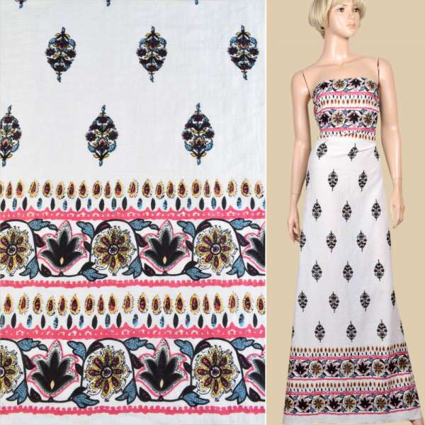 Батист белый, букеты, розово-желтая кайма (купон), ш.145