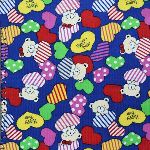 Мікровельвет синій (ультра) c сердцями і ведмедиками Happy Bear ш.112