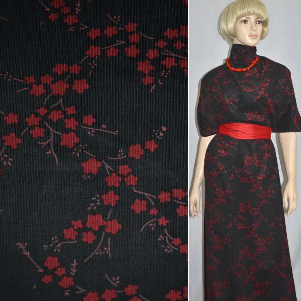 Микровельвет черный с красными цветами, ш.110