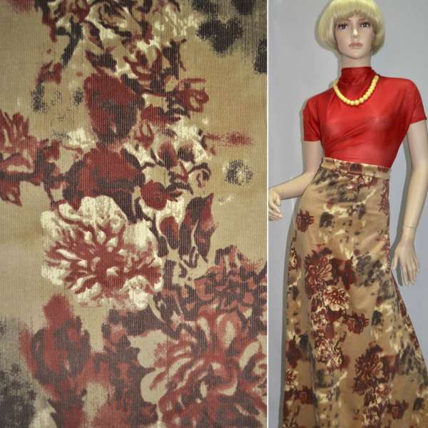 Микровельвет стрейч бежевый с цветами, ш.140