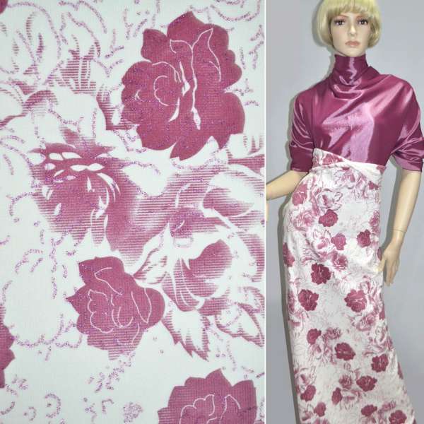 Вельвет стрейч белый с розовыми розами, ш.140