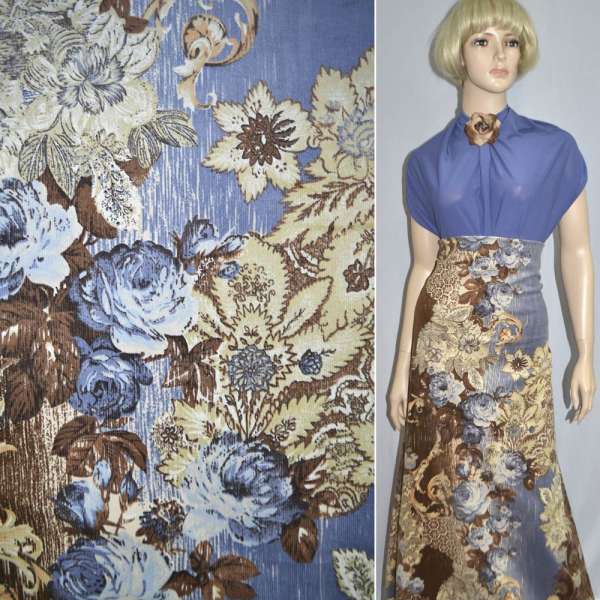 Вельвет стрейч коричнево-голубой с цветами, ш.140