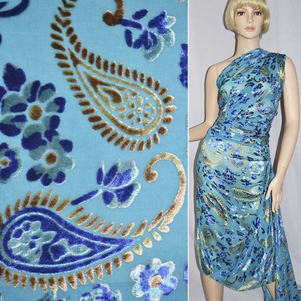 Оксамит на шифоні з бежево-синіми кольорами і огірками ш.110