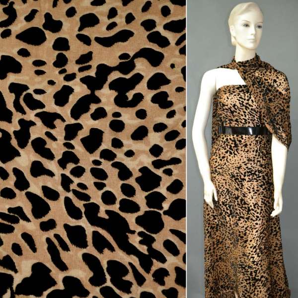 Оксамит на шифоні бежевий, бежево-чорний леопард ш.110