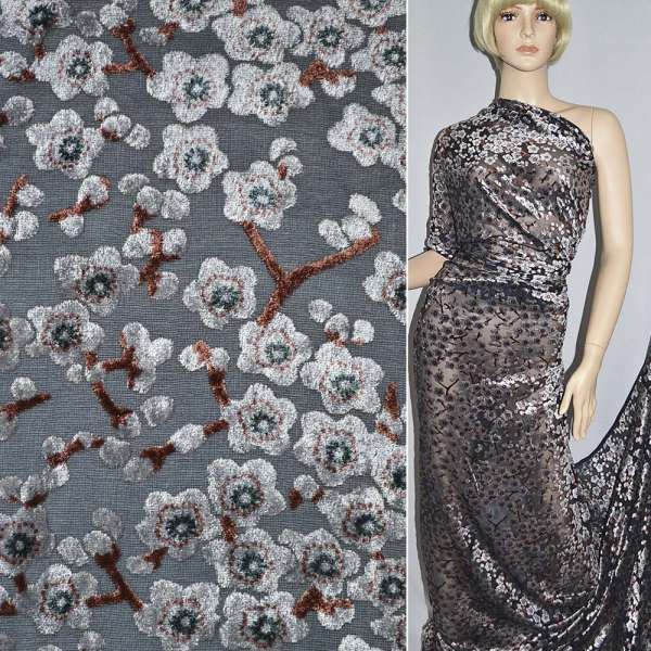 Оксамит на шифоні чорний в білі квіти ш.110