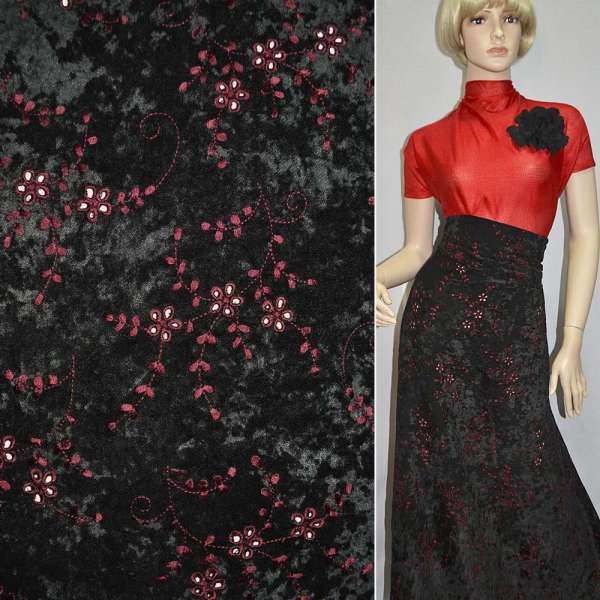 Мікровелюр стрейч чорний з бордовим вишивкою, ш.150