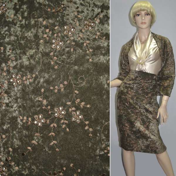 Мікровелюр стрейч болотний з коричневою вишивкою, ш.150