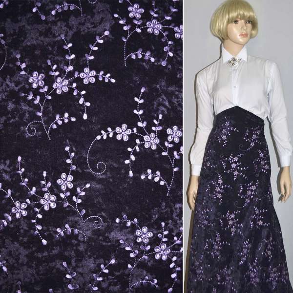 Мікровелюр стрейч фіолетовий темний з бузкової вишивкою, ш.150