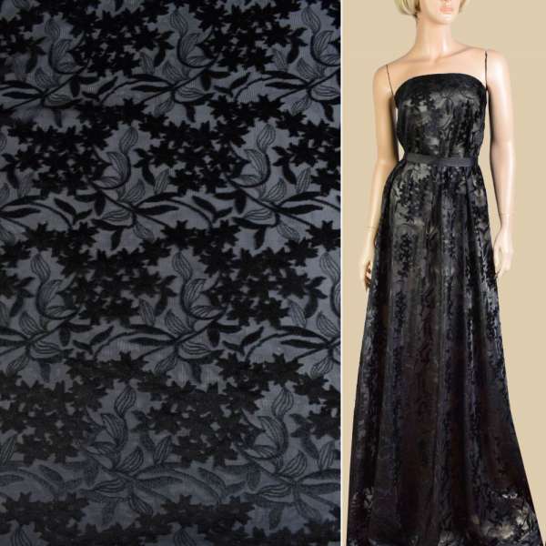 Бархат на трикотажном шифоне черный, ш.150