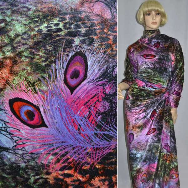 Велюр черный с павлиними перьями (принт) ш.160