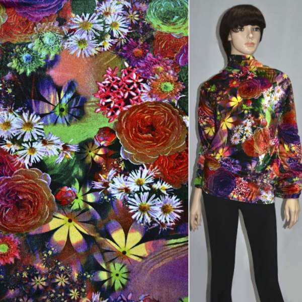 Велюр черно сиреневый с ромашками и цветными цветами (принт) ш.165