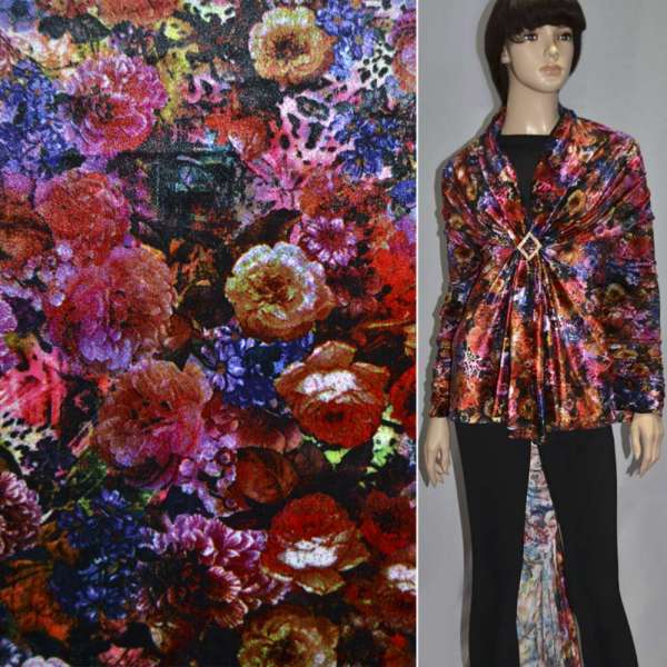 Велюр чорний з золотисто червоними квітами (принт) ш.160