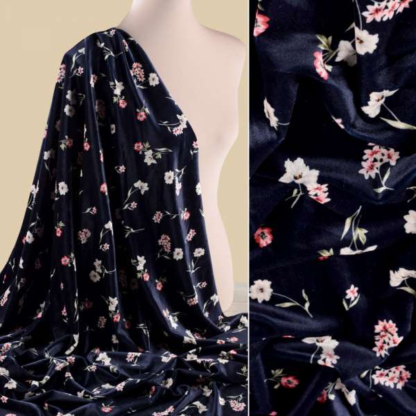 Велюр* стрейч синий темный в розовые цветы ш.150