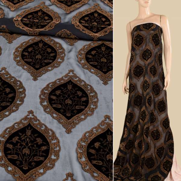 Бархат шелковый на шифоне, марокканский узор черный с золотым штампом ш.132