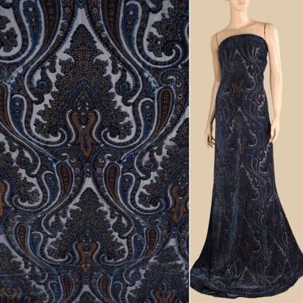 Бархат шелковый на шифоне, дамасский узор синий с золотым штампом ш.132