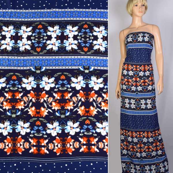 Віскоза чорна в смуги червоно-зелено-синьо-білих квітів ш.140