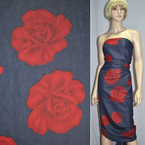 Віскоза синя в великі червоні троянди ш.145