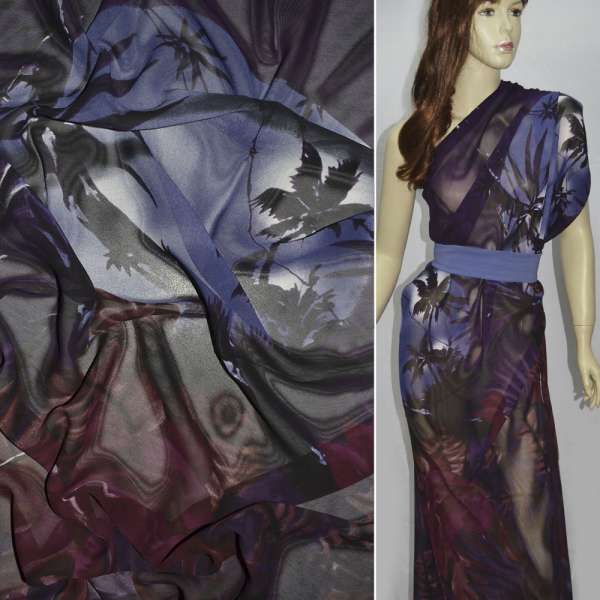 Вискоза вишнево-сиреневая принт листья ш.145