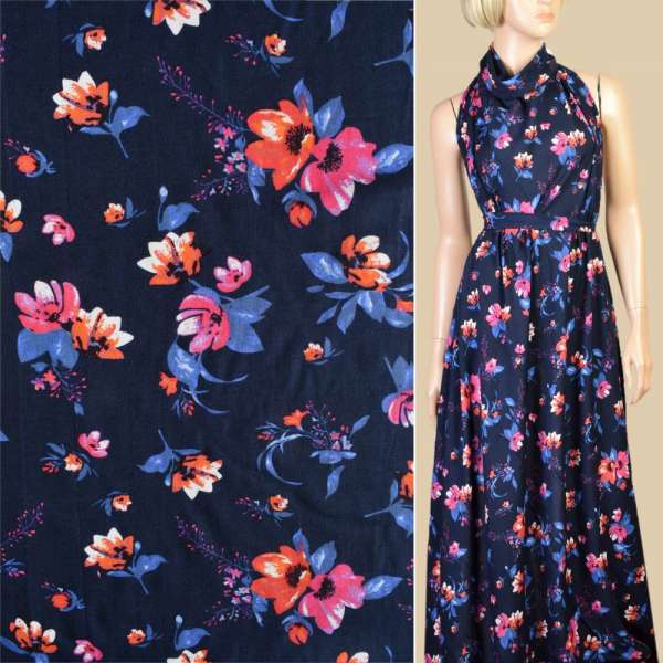 Віскоза синя темна в рожево-помаранчеві квіти, сині листя, ш.140