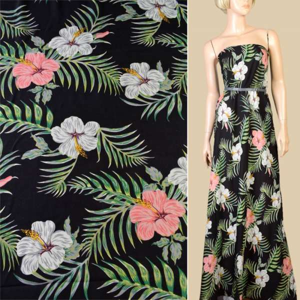 Віскоза чорна, великі білі, рожеві квіти, зелене листя, ш.145