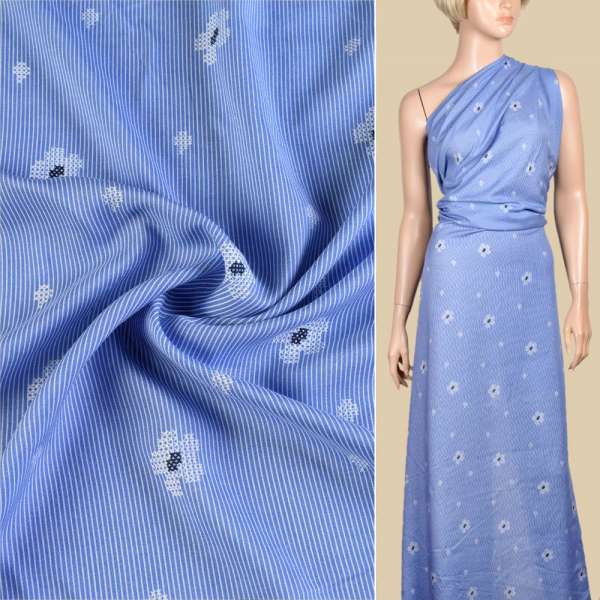 Віскоза блакитна в білу смужку, принт вишивка хрестиком, ш.145