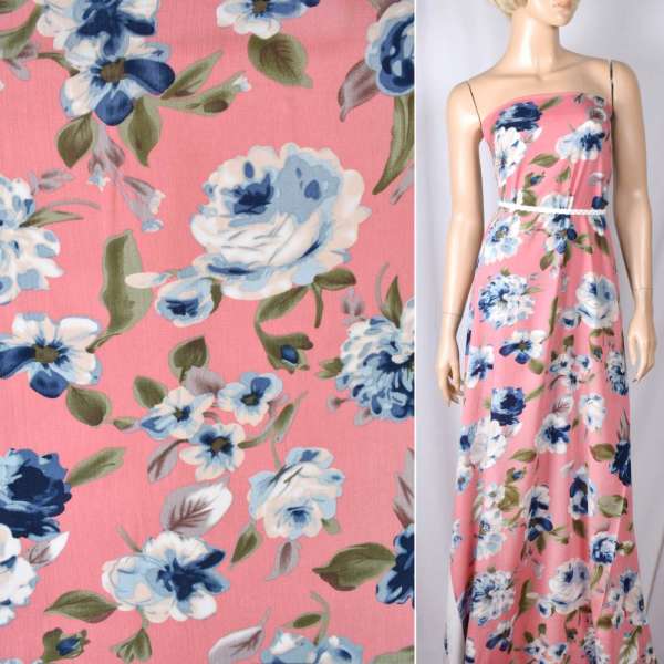 Віскоза рожева темна в синьо-блакитні квіти, ш.140