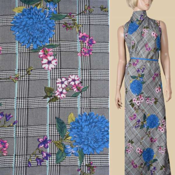 Віскоза в чорно-білу клітинку, великі блакитні квіти, ш.145