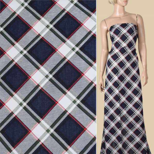 Віскоза синя в біло-зелену діагональну клітину, ш.140