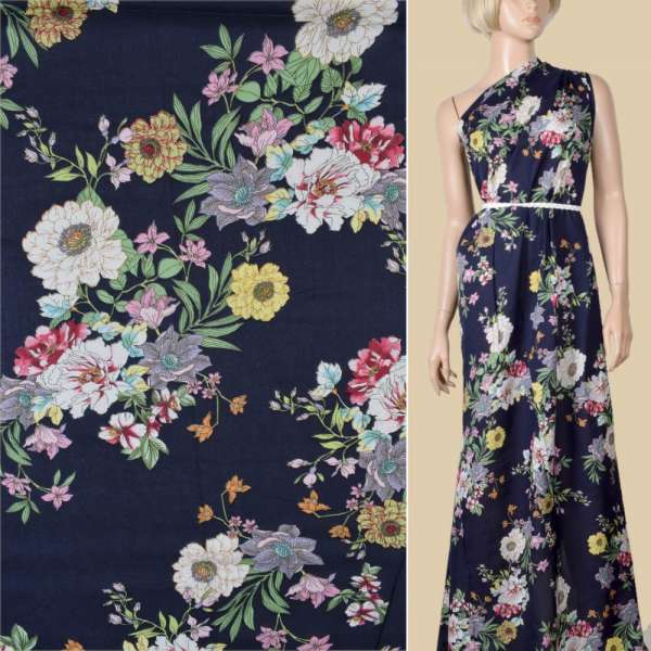 Віскоза синя, рожеві, бузкові білі квіти, ш.145