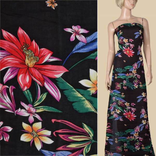 Віскоза чорна, червоні, рожеві квіти, ш.140