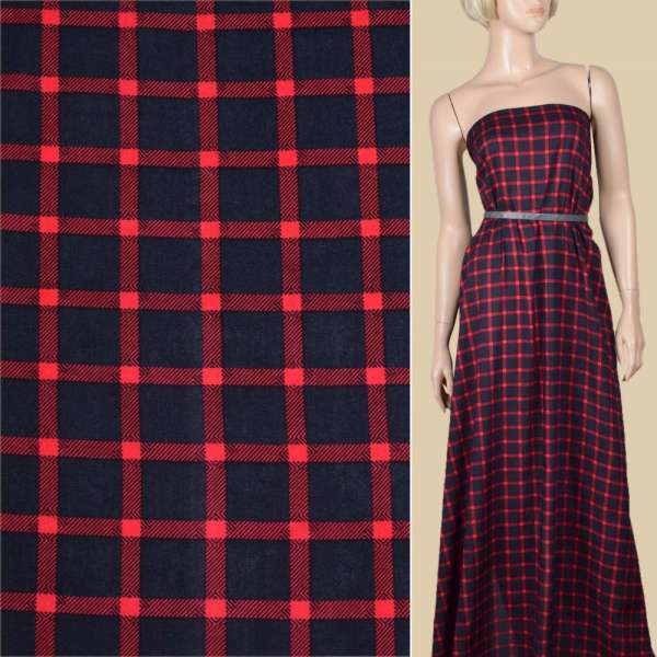 Віскоза синя темна в червону клітинку, ш.140