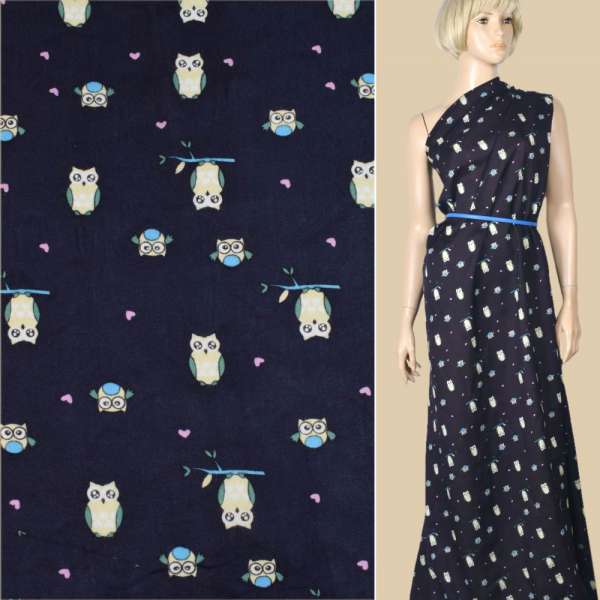 Віскоза синя, бежеві сови, ш.145