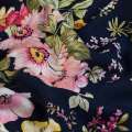 Віскоза синя в рожеві, жовті квіти, ш.140