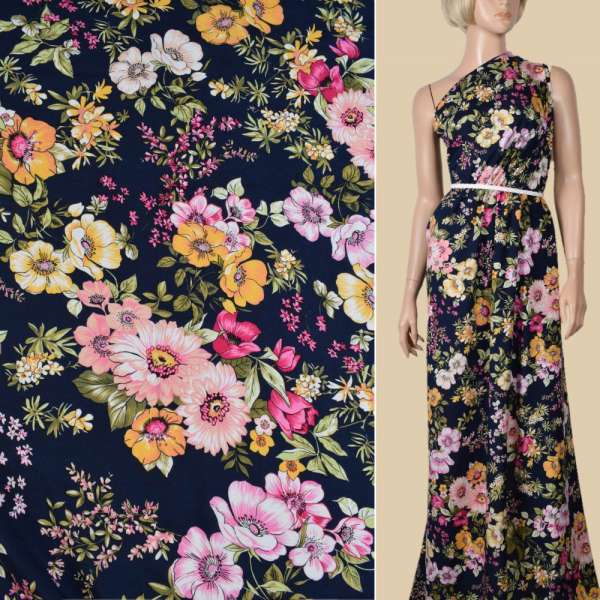 Віскоза синя в рожеві, жовті квіти, ш.140