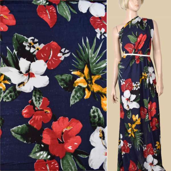 Віскоза * синя в червоні, білі, жовті квіти, ш.150