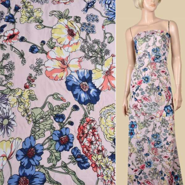 Віскоза рожева, сині, рожеві в'юнкі квіти, ш.145