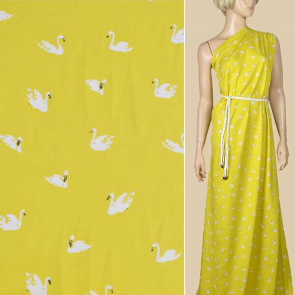 Віскоза жовта, білі лебеді, ш.140