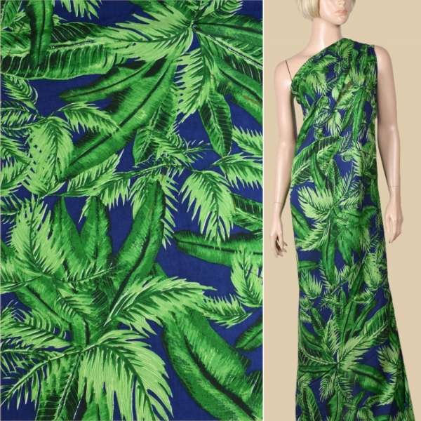 Віскоза синя в великі зелені листя, ш.145