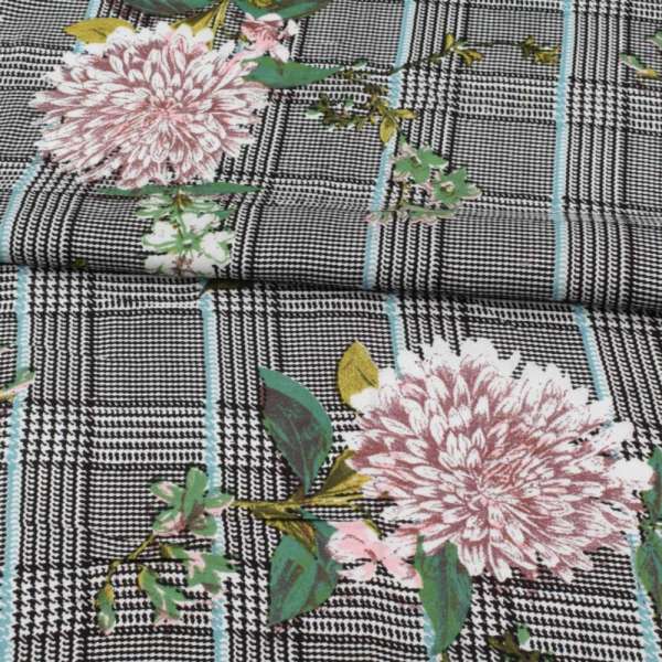 Віскоза біла в чорну клітинку, рожеві букети (2сорт), ш.140