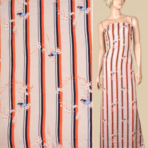 Віскоза персикова, синя + помаранчева смужка, пташка (2сорт), ш.145